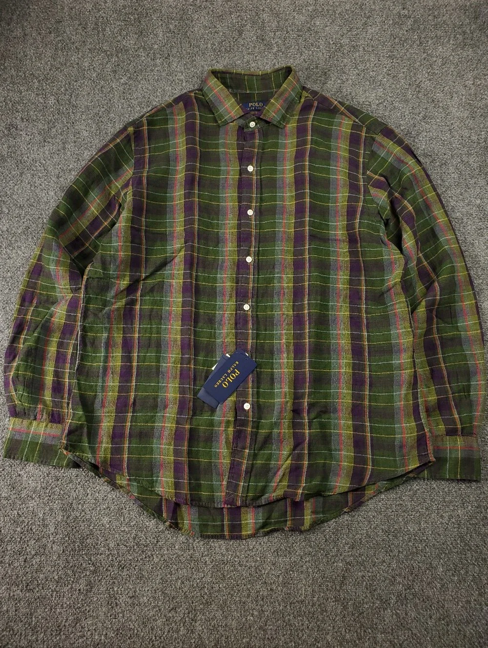 Polo Ralph Lauren Indian Madras Plaid 100% Linen XL Green Purple Long Sleeve NEW